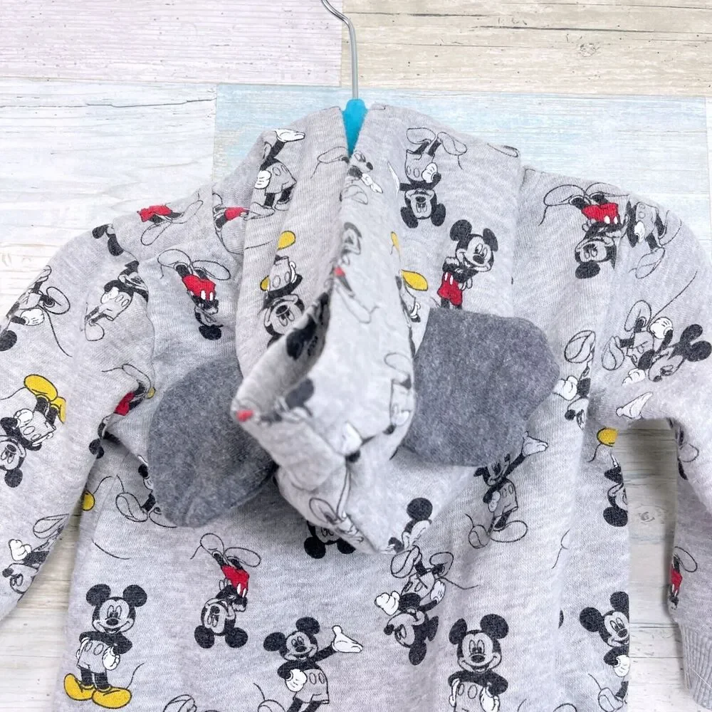 Disney Baby Hooded Ears Sweater Jumpsuit Gray Mickey Allover Print Zip Up 12M
